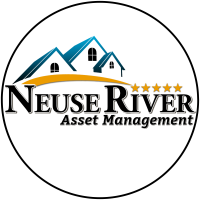 Neuse River Asset Management logo featuring stylized houses and five stars, representing property management services in Raleigh.